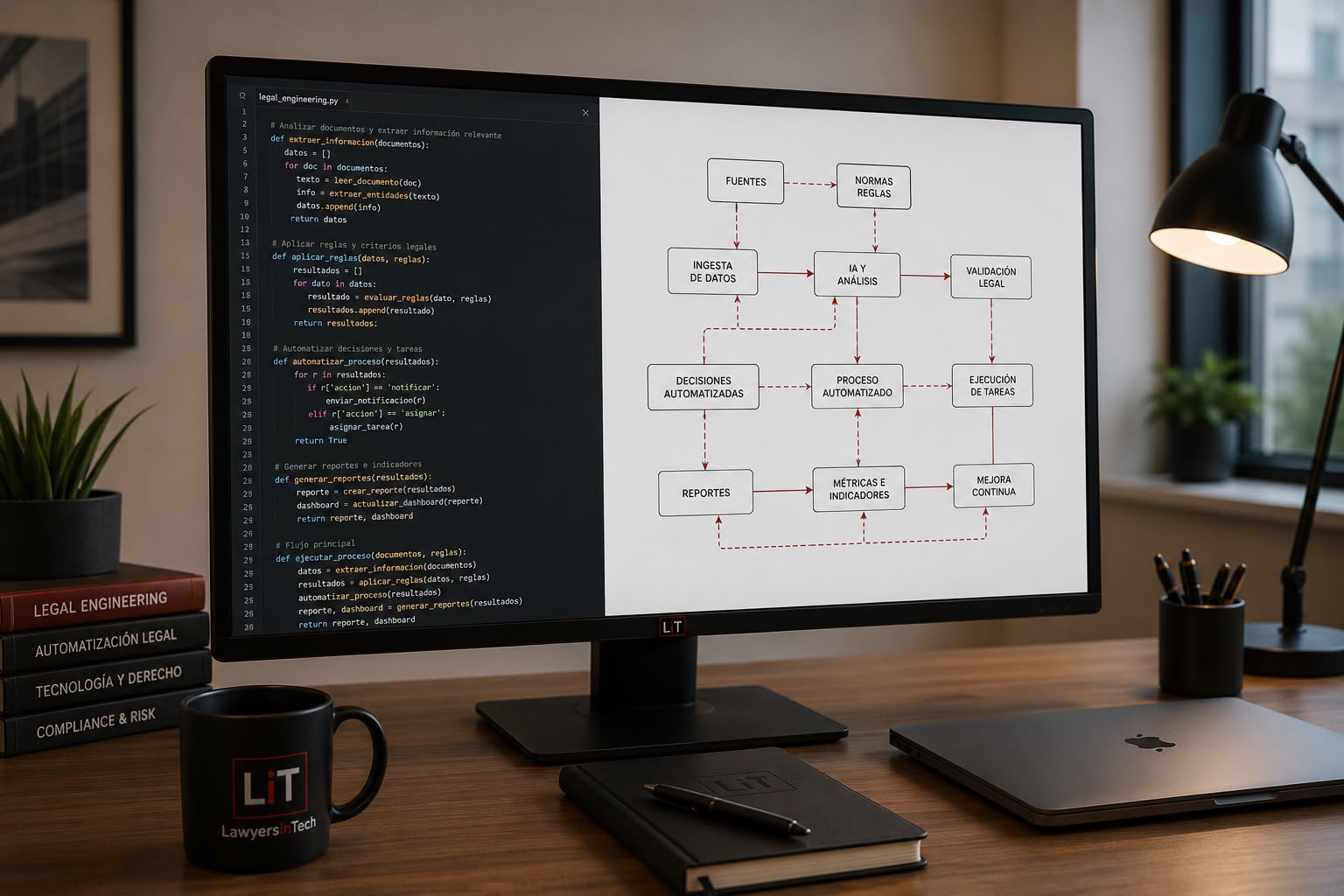Estación de trabajo mostrando código y un diagrama de proceso jurídico